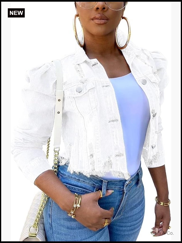 Puff Sleeve Denim Crop Jacket Long-Sleeve Frayed Hem Blue